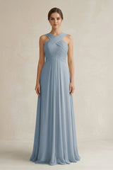Dusty Blue Cross Halter Chiffon A-Line Pleated Bridesmaid Dress | KISSBRIDAL