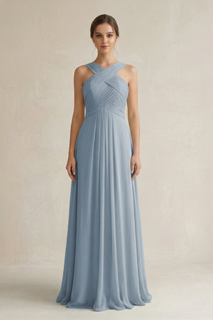 Dusty Blue Cross Halter Chiffon A-Line Pleated Bridesmaid Dress | KISSBRIDAL