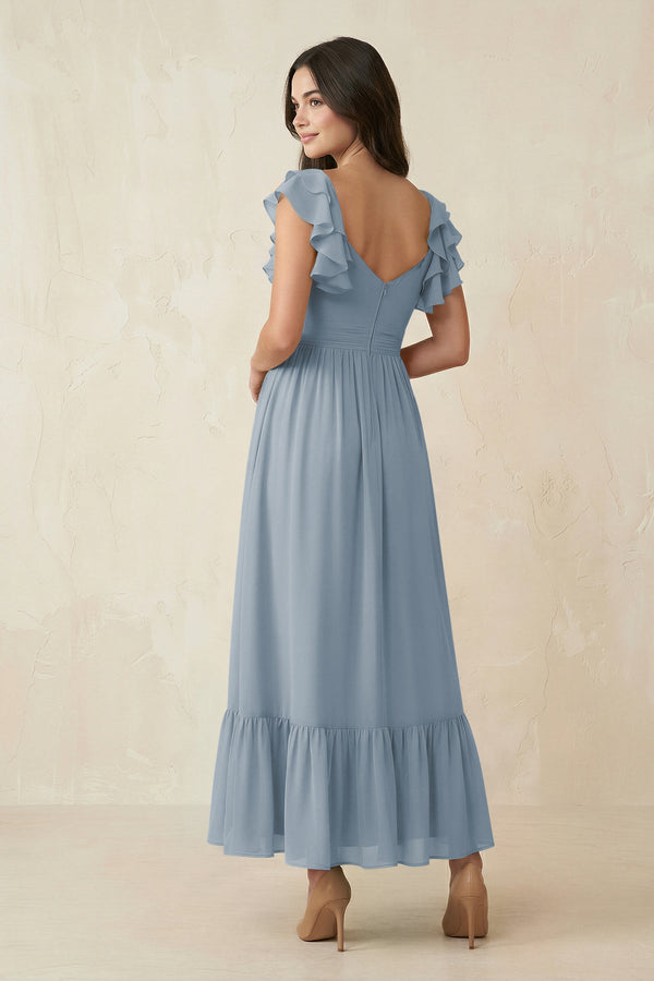 Dusty Blue Flutter Sleeve Sweetheart A-Line Chiffon Bridesmaid Dress (2) | KISSBRIDAL