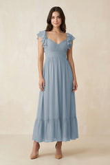 Dusty Blue Flutter Sleeve Sweetheart A-Line Chiffon Bridesmaid Dress | KISSBRIDAL