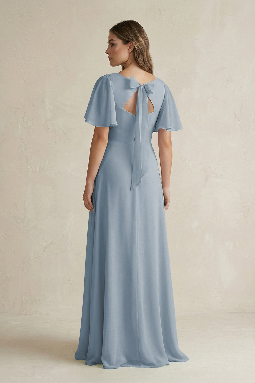 Flutter Sleeve V-Neck A-Line Chiffon Bridesmaid Dress in Dusty Blue