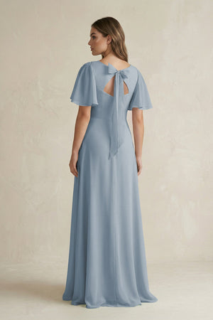 Dusty Blue Flutter Sleeve V-Neck A-Line Chiffon Bridesmaid Dress (2) | KISSBRIDAL