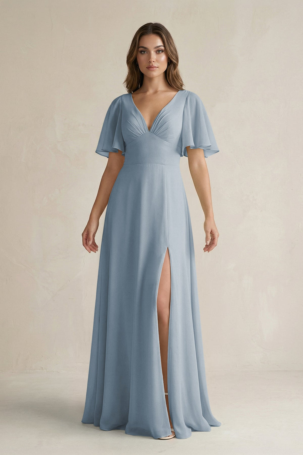 Flutter Sleeve V-Neck A-Line Chiffon Bridesmaid Dress in Dusty Blue