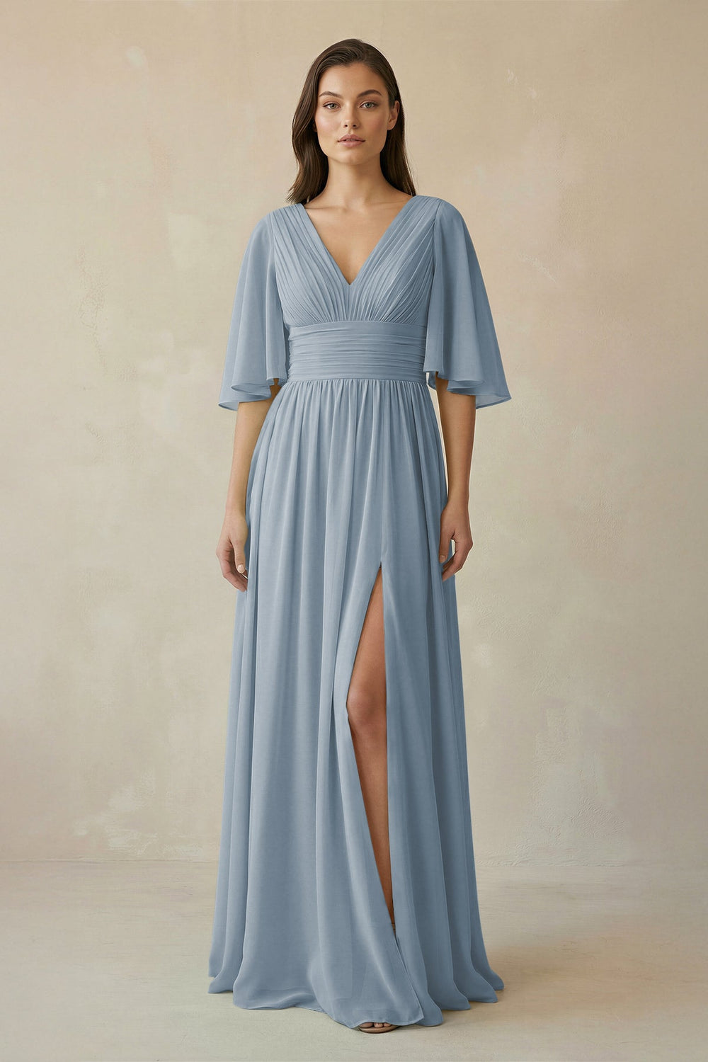 Half Sleeve V-Neck A-Line Chiffon Bridesmaid Gown in Dusty Blue