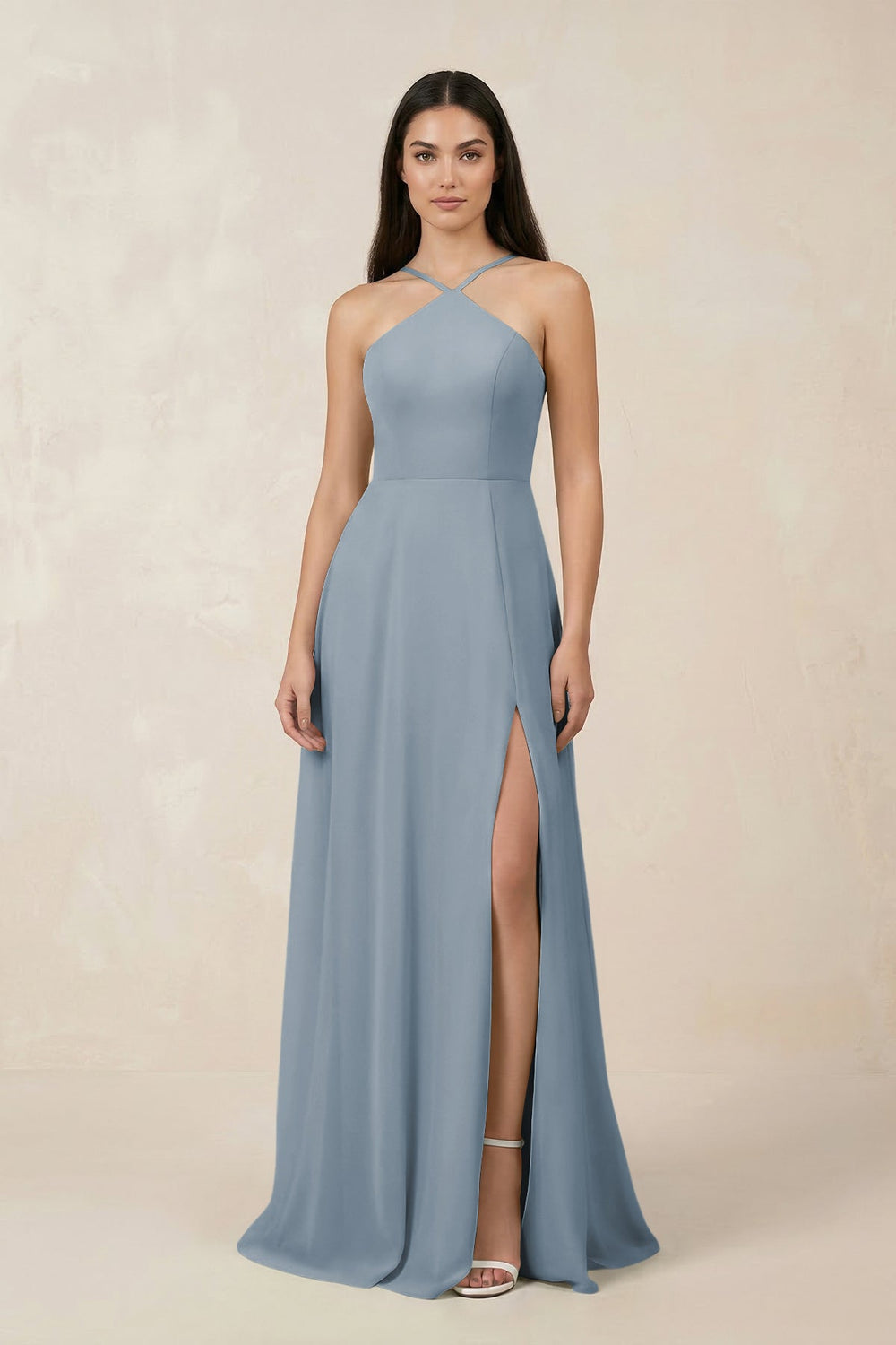 Halter Chiffon A-Line Bridesmaid Dress With Slit in Dusty Blue