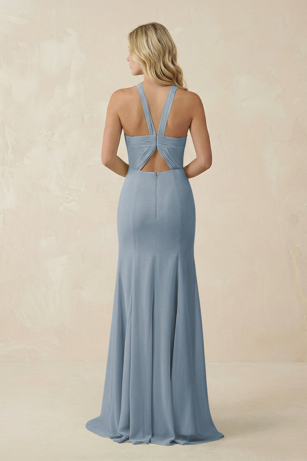 Dusty Blue Halter Chiffon Mermaid Ruched Bridesmaid Dress (2) | KISSBRIDAL