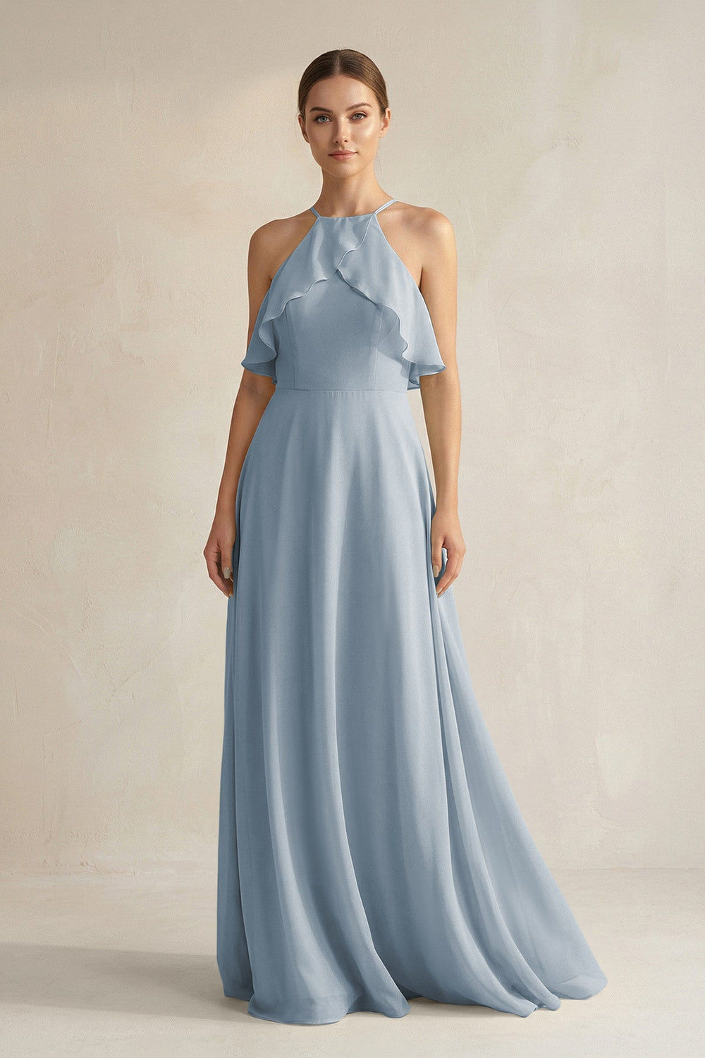 Halter Neck A-Line Chiffon Bridesmaid Dress with Keyhole in Dusty Blue