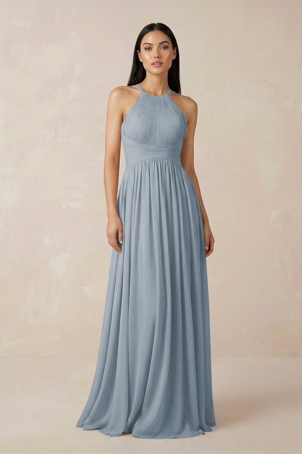 Halter Neck A-Line Chiffon Bridesmaid Dress in Dusty Blue