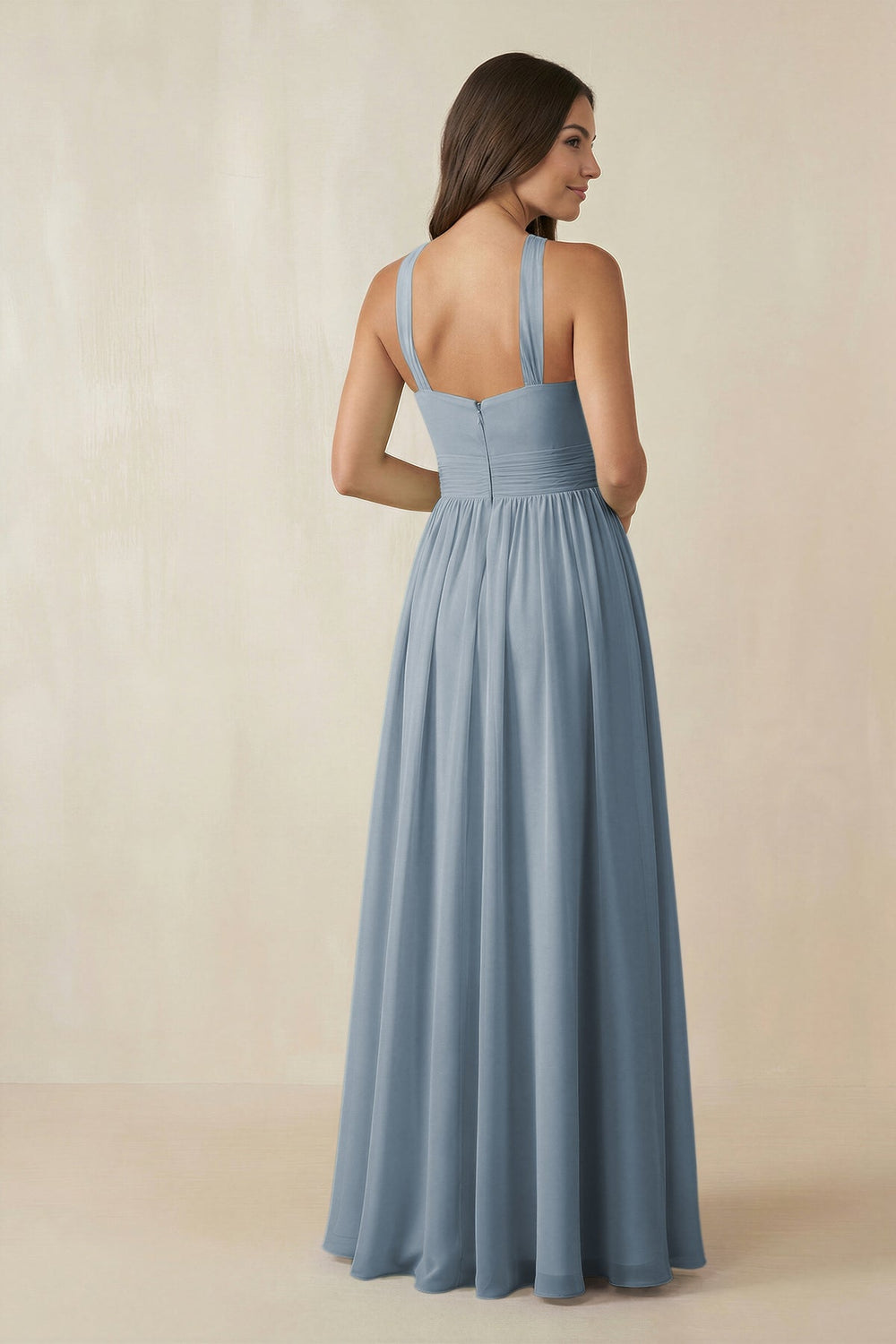 Halter Neck Ruched A-Line Chiffon Bridesmaid Dress in Dusty Blue