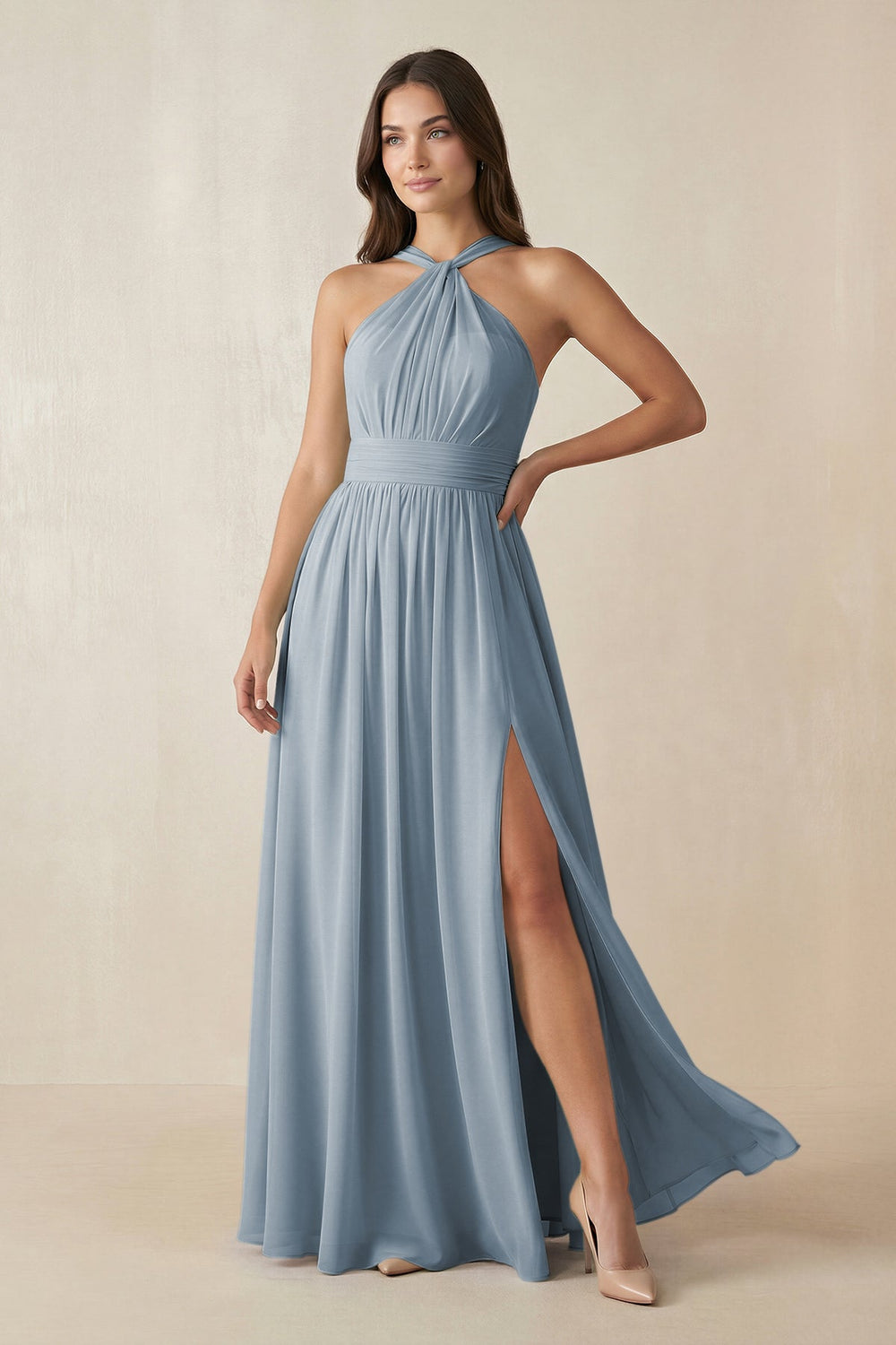 Halter Neck Ruched A-Line Chiffon Bridesmaid Dress in Dusty Blue