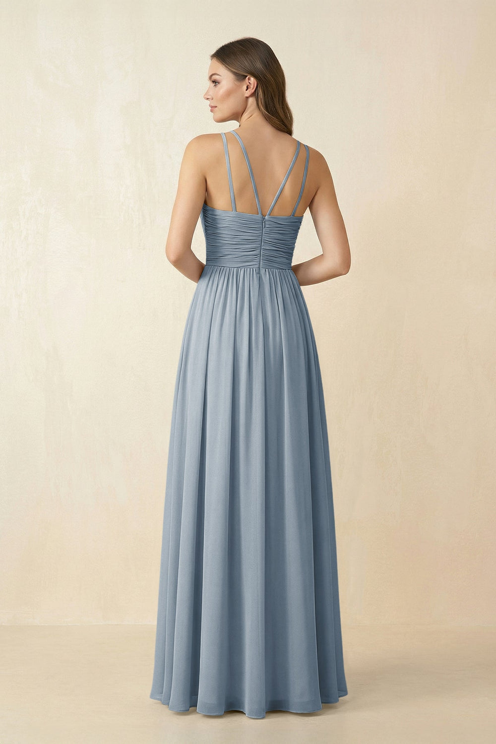 Halter Pleated A-Line Chiffon Bridesmaid Dress in Dusty Blue