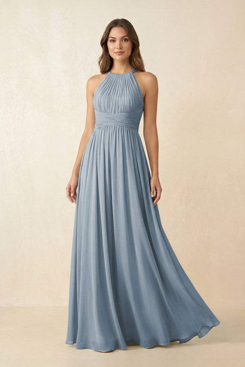 Dusty Blue Halter Pleated A-Line Chiffon Bridesmaid Dress | KISSBRIDAL