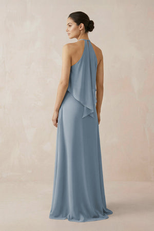 Dusty Blue Halter Sheath Ruffled Chiffon Bridesmaid Dress (2) | KISSBRIDAL