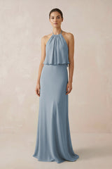 Dusty Blue Halter Sheath Ruffled Chiffon Bridesmaid Dress | KISSBRIDAL