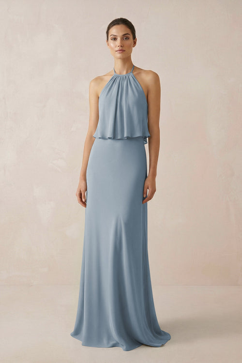 Dusty Blue Halter Sheath Ruffled Chiffon Bridesmaid Dress | KISSBRIDAL