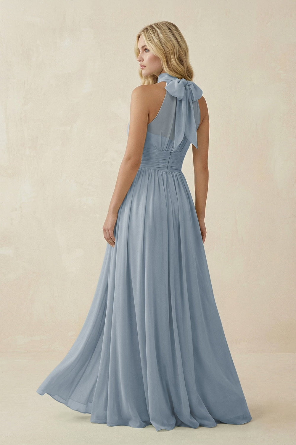 Illusion Halter A-Line Chiffon Bridesmaid Gown in Dusty Blue