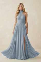 Dusty Blue Illusion Halter A-Line Chiffon Bridesmaid Gown | KISSBRIDAL