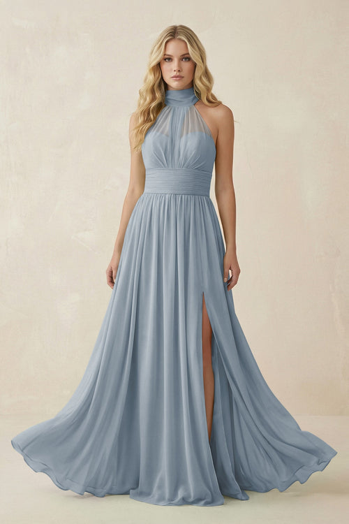Dusty Blue Illusion Halter A-Line Chiffon Bridesmaid Gown | KISSBRIDAL