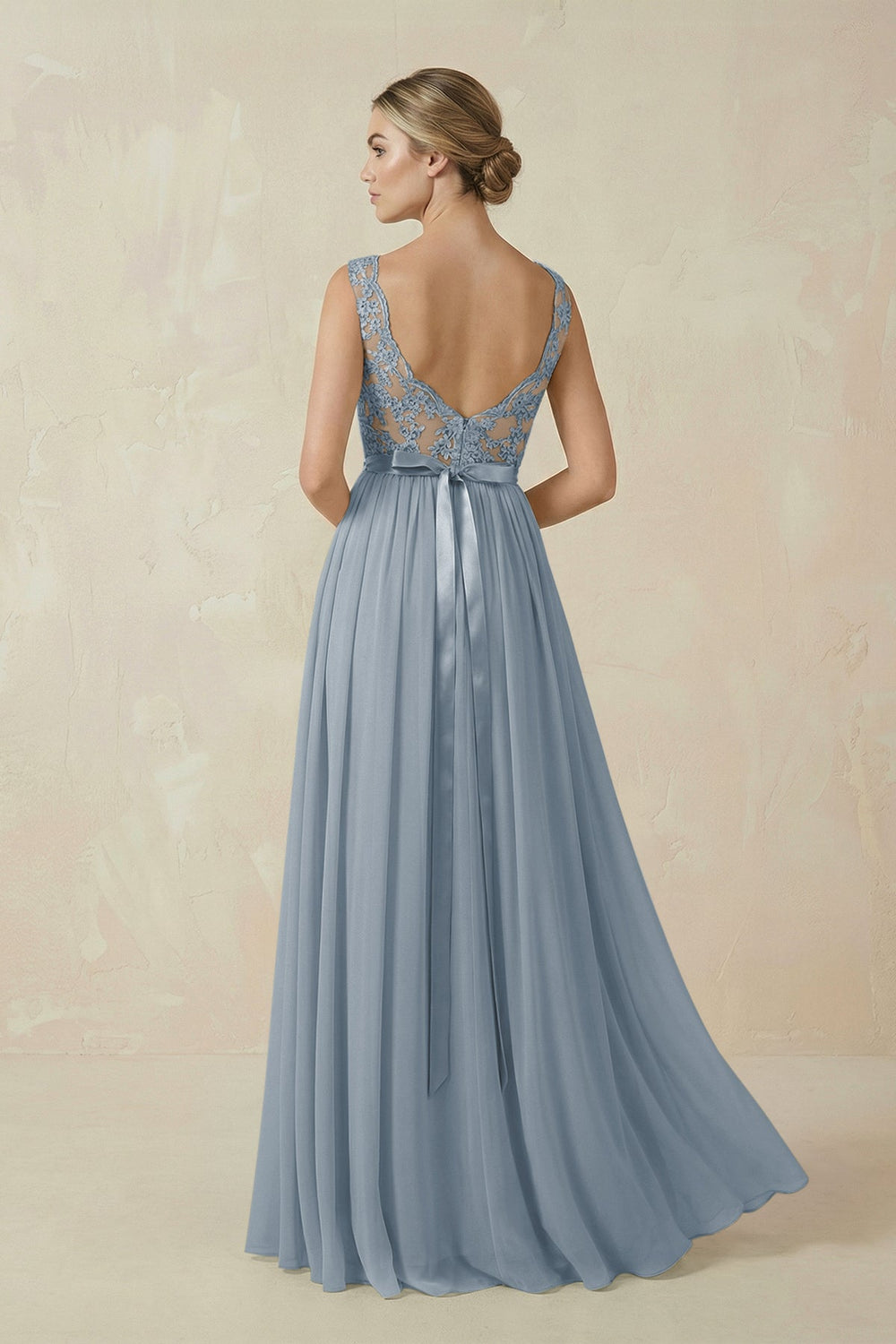 Lace A-Line Bateau Neck Chiffon Long Bridesmaid Dress in Dusty Blue