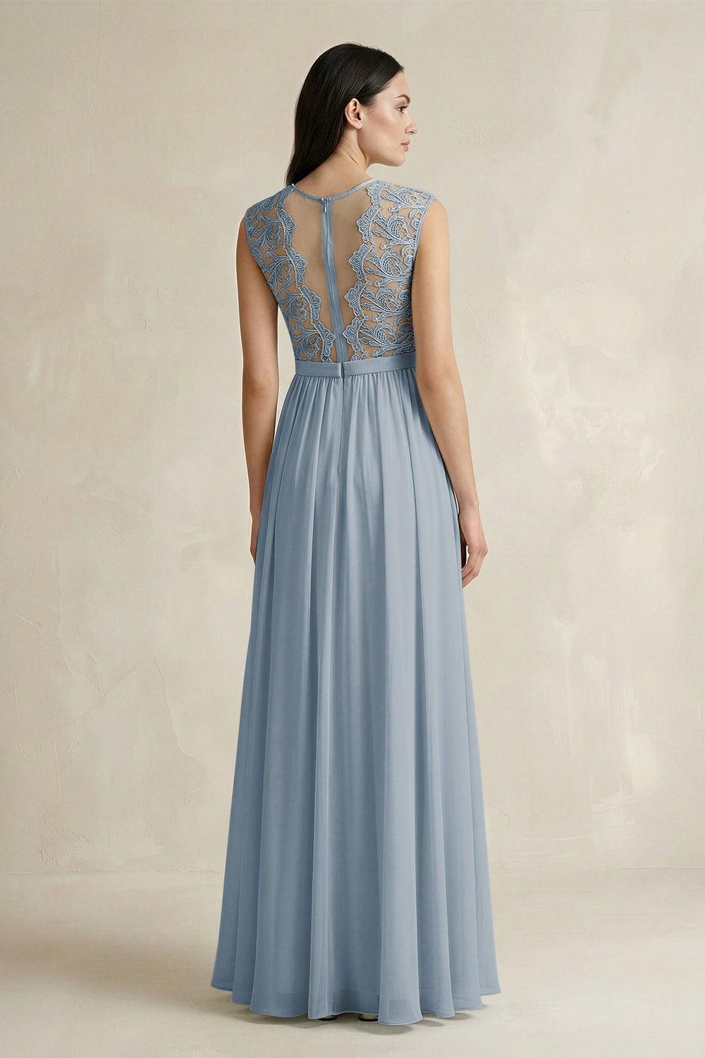 Lace Chiffon A-Line Round Neck Bridesmaid Dress in Dusty Blue
