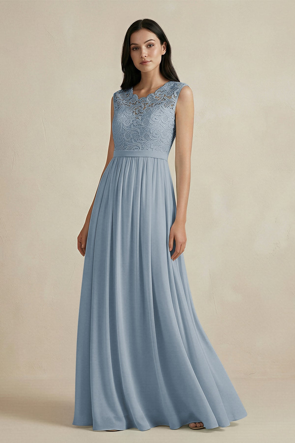 Lace Chiffon A-Line Round Neck Bridesmaid Dress in Dusty Blue
