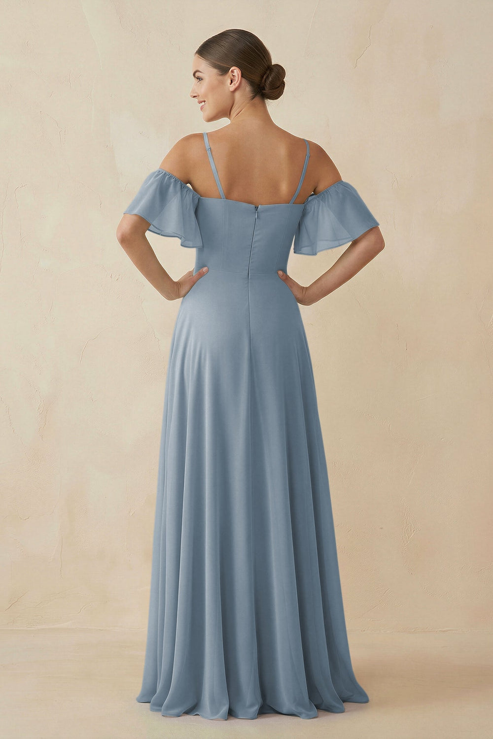 Off-the-Shoulder A-Line Chiffon Bridesmaid Dress in Dusty Blue