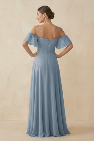 Dusty Blue Off-the-Shoulder A-Line Chiffon Bridesmaid Dress (2) | KISSBRIDAL