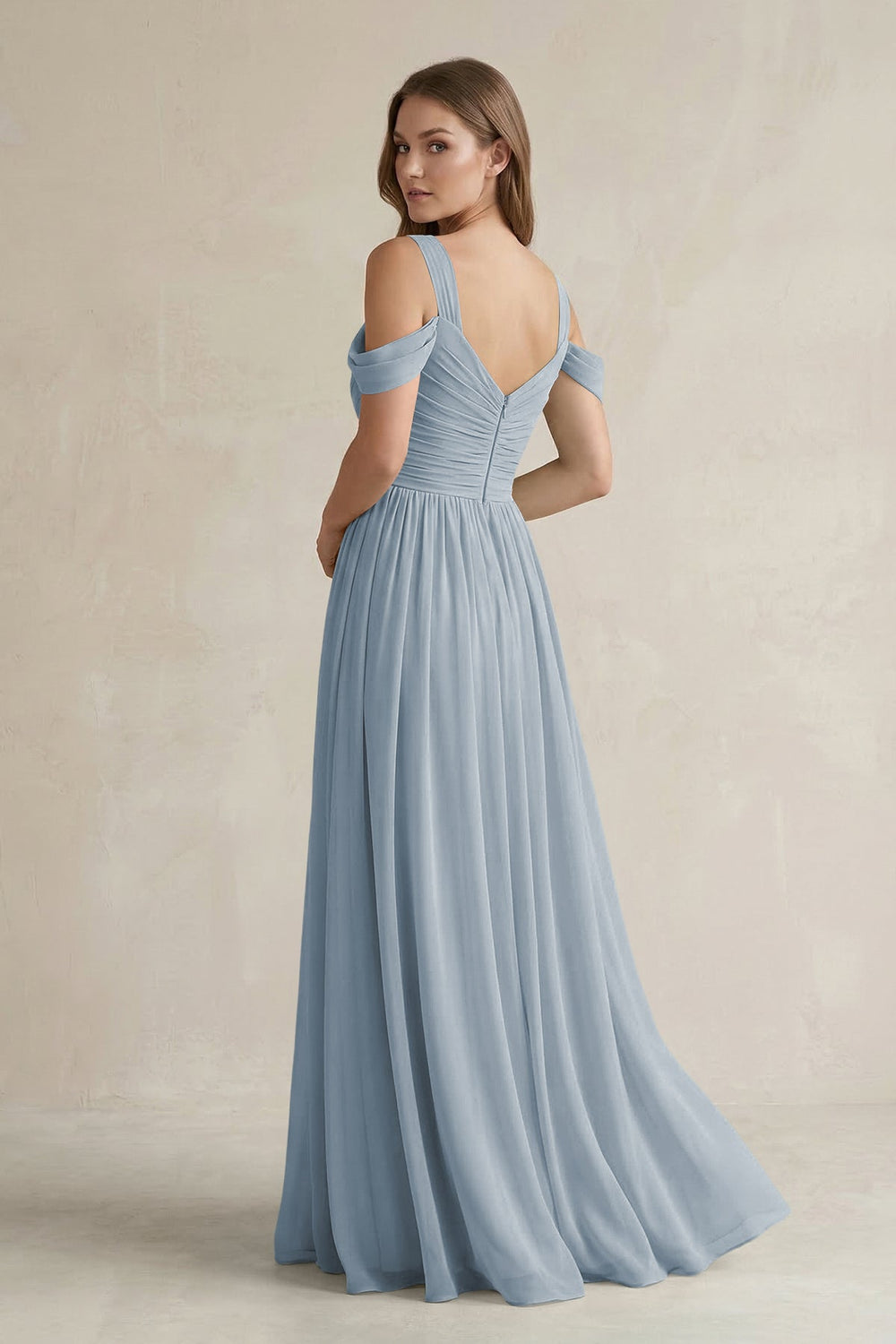 Off-the-Shoulder A-Line Chiffon Bridesmaid Dress With Slit in Dusty Blue