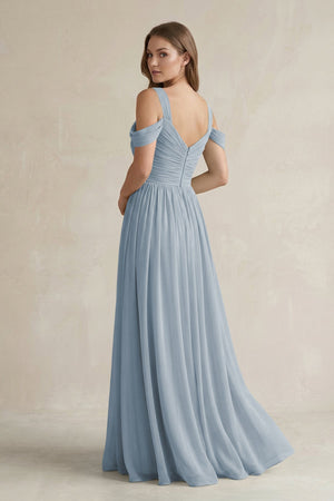 Dusty Blue Off-the-Shoulder A-Line Chiffon Bridesmaid Dress With Slit (2) | KISSBRIDAL