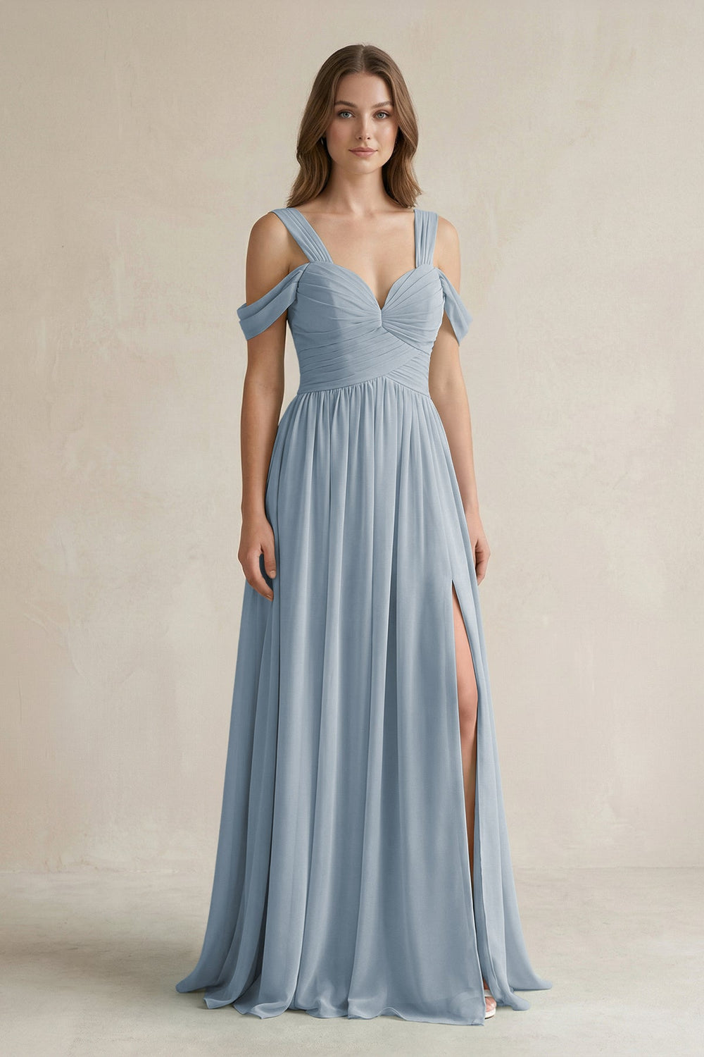 Off-the-Shoulder A-Line Chiffon Bridesmaid Dress With Slit in Dusty Blue
