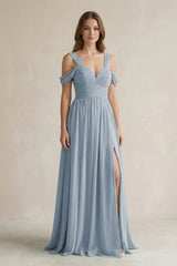 Dusty Blue Off-the-Shoulder A-Line Chiffon Bridesmaid Dress With Slit | KISSBRIDAL