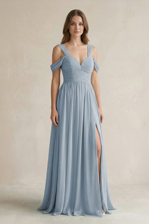 Dusty Blue Off-the-Shoulder A-Line Chiffon Bridesmaid Dress With Slit | KISSBRIDAL