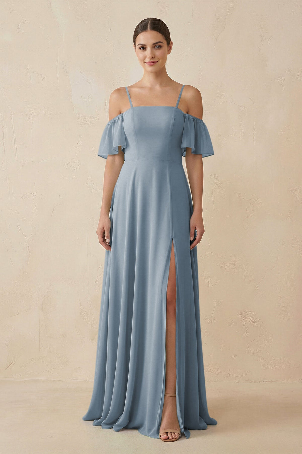 Off-the-Shoulder A-Line Chiffon Bridesmaid Dress in Dusty Blue