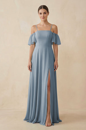 Dusty Blue Off-the-Shoulder A-Line Chiffon Bridesmaid Dress | KISSBRIDAL