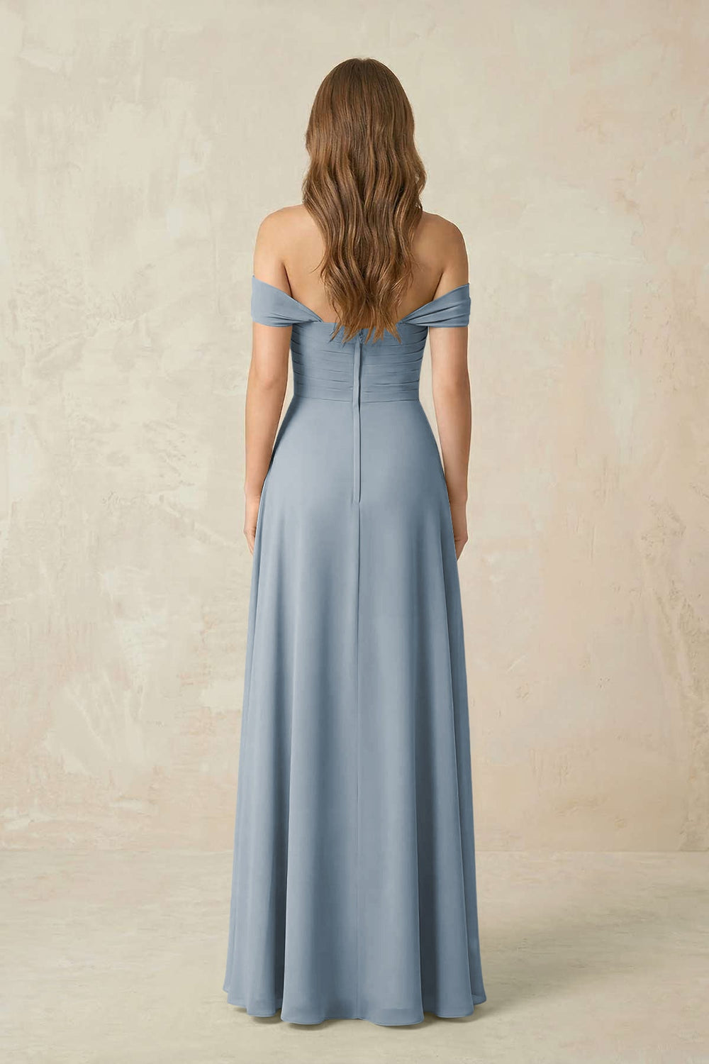 Off-the-Shoulder A-Line Chiffon Pleated Bridesmaid Dress in Dusty Blue