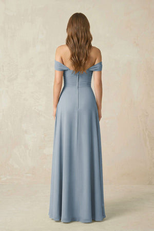 Dusty Blue Off-the-Shoulder A-Line Chiffon Pleated Bridesmaid Dress (2) | KISSBRIDAL