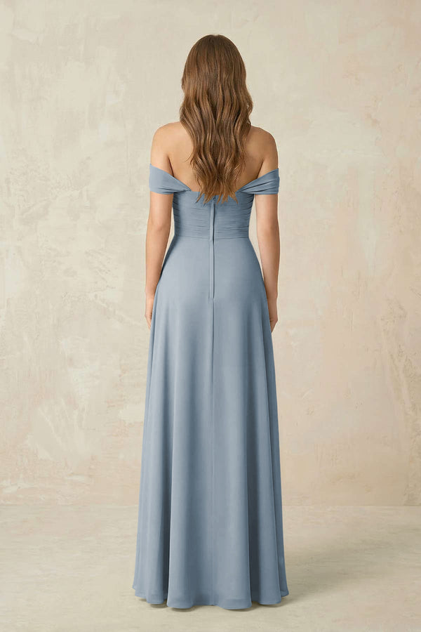 Dusty Blue Off-the-Shoulder A-Line Chiffon Pleated Bridesmaid Dress (2) | KISSBRIDAL