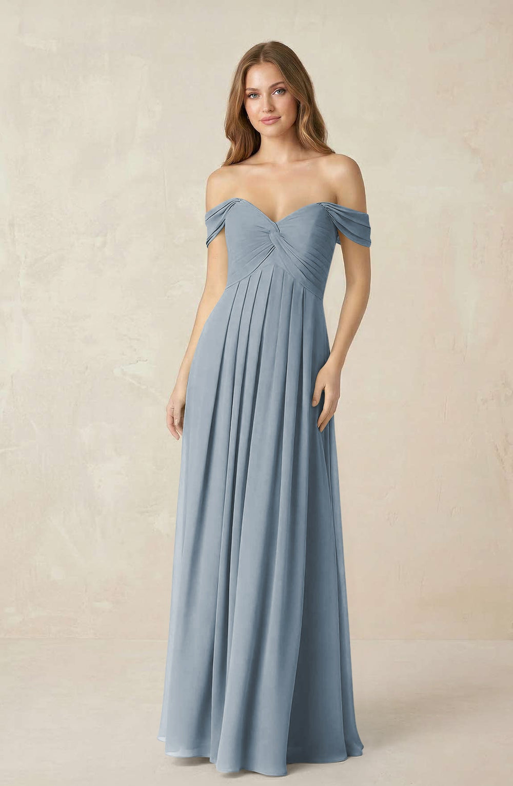 Off-the-Shoulder A-Line Chiffon Pleated Bridesmaid Dress in Dusty Blue