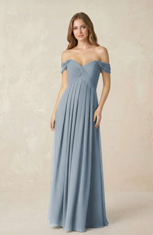 Dusty Blue Off-the-Shoulder A-Line Chiffon Pleated Bridesmaid Dress | KISSBRIDAL