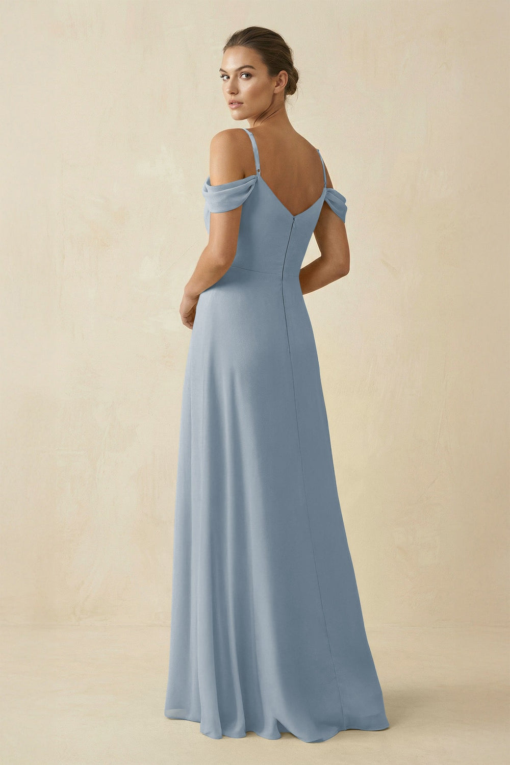 Off-the-Shoulder A-Line Pleated Chiffon Bridesmaid Gown in Dusty Blue