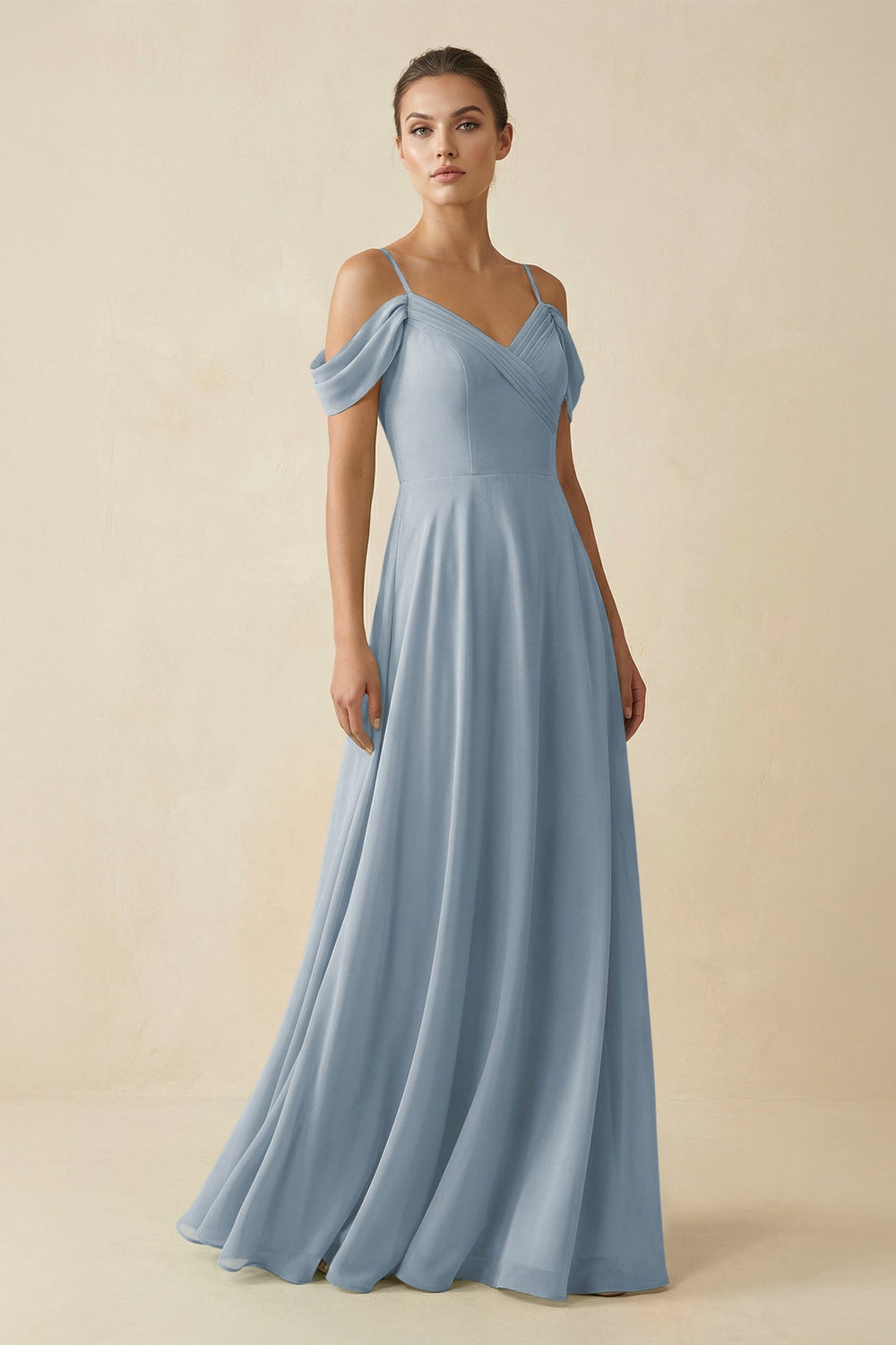 Off-the-Shoulder A-Line Pleated Chiffon Bridesmaid Gown in Dusty Blue