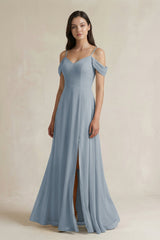 Dusty Blue Off-the-Shoulder Chiffon A-Line Bridesmaid Dress | KISSBRIDAL