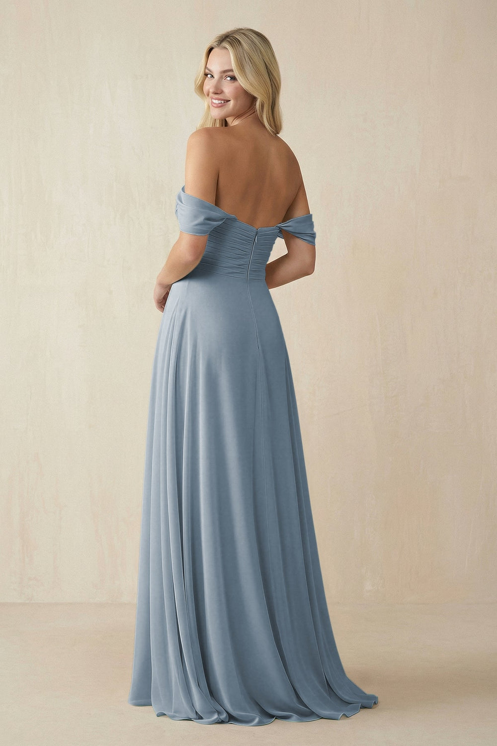 Off-the-Shoulder Chiffon A-Line Long Bridesmaid Dress in Dusty Blue