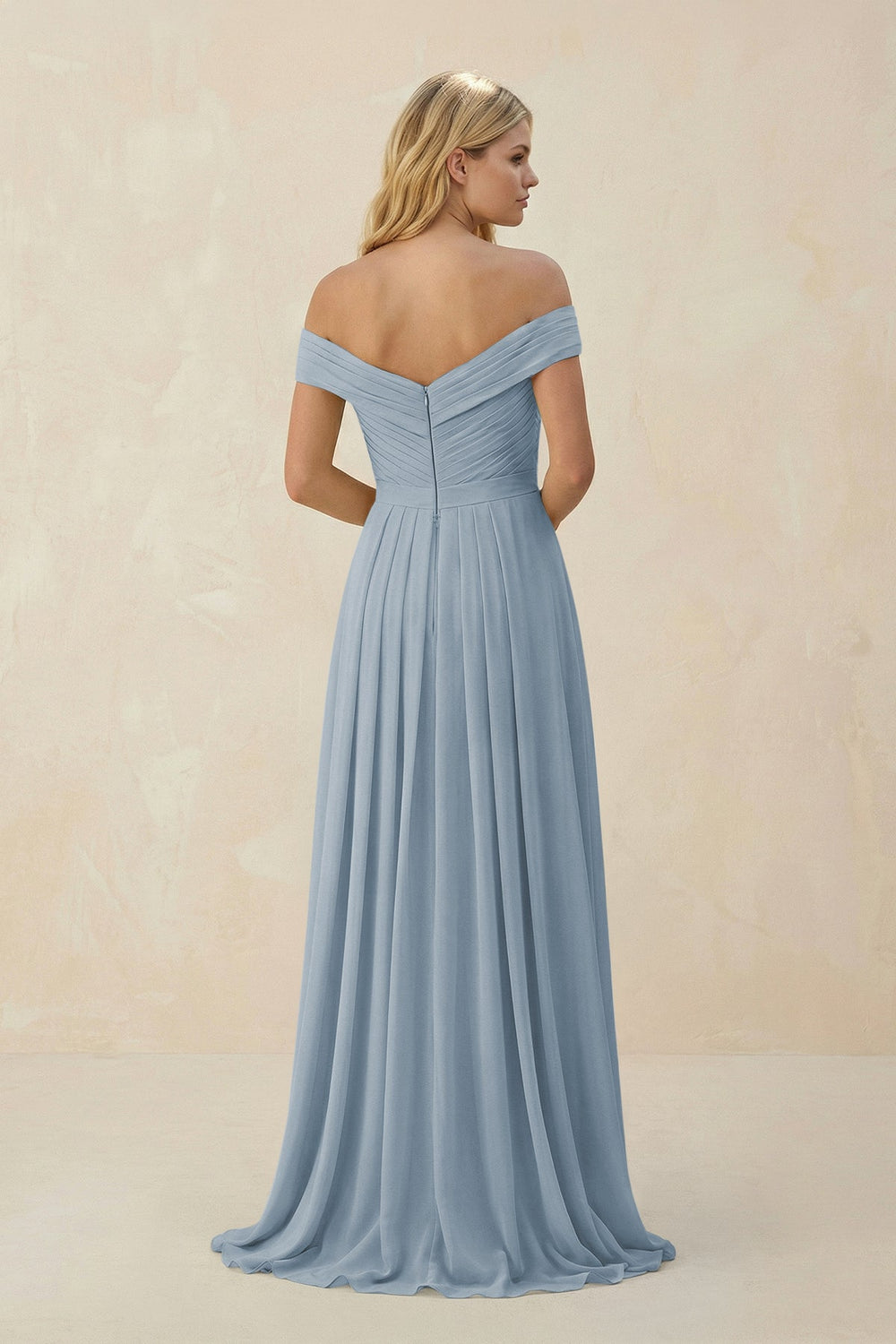 Off-the-Shoulder Pleated A-Line Chiffon Bridesmaid Dress in Dusty Blue