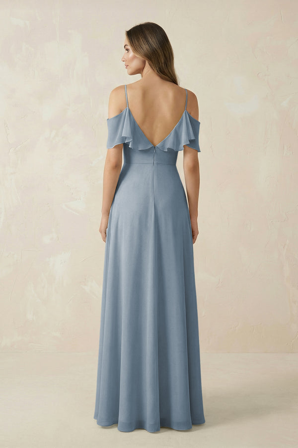 Dusty Blue Off-the-Shoulder Ruffled A-Line Chiffon Bridesmaid Dress (2) | KISSBRIDAL
