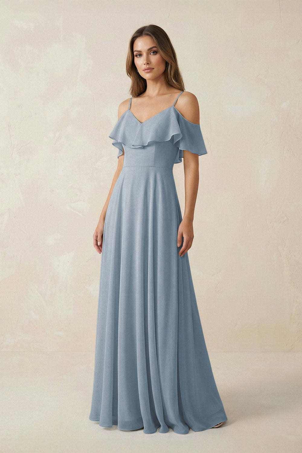 Off-the-Shoulder Ruffled A-Line Chiffon Bridesmaid Dress in Dusty Blue