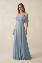 Dusty Blue Off-the-Shoulder Ruffled A-Line Chiffon Bridesmaid Dress | KISSBRIDAL