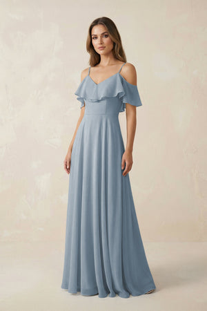 Dusty Blue Off-the-Shoulder Ruffled A-Line Chiffon Bridesmaid Dress | KISSBRIDAL