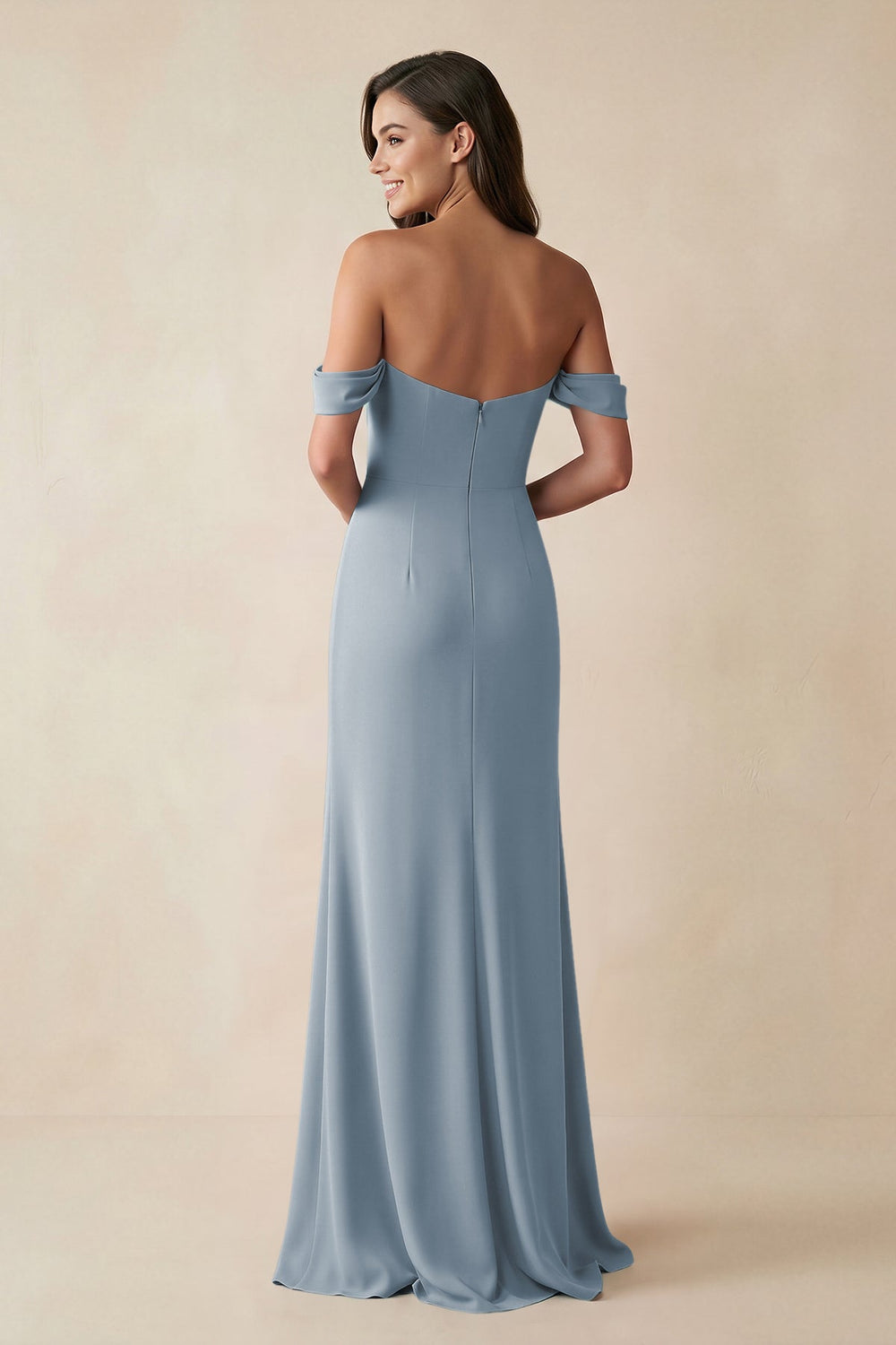 Off-the-Shoulder Sheath Bridesmaid Dress with Slit in Dusty Blue