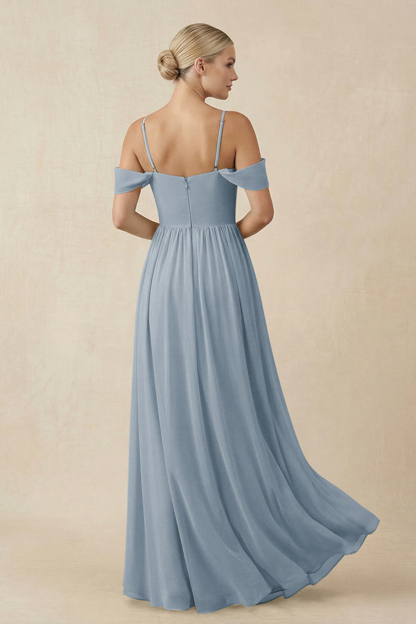 Dusty Blue Off-the-Shoulder Sweetheart A-Line Chiffon Bridesmaid Dress (2) | KISSBRIDAL